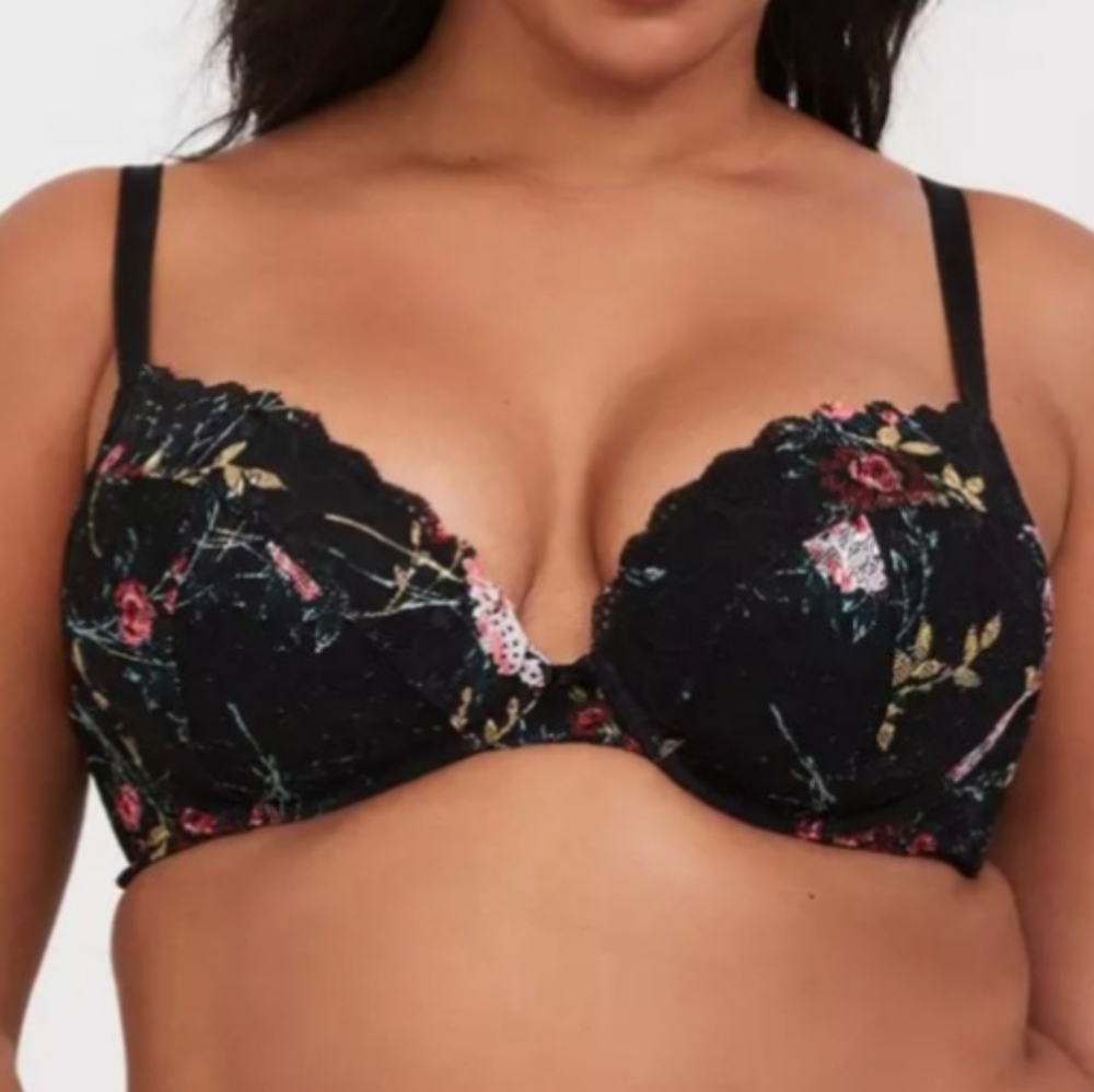 44C TORRID Curve Black Floral Push-Up Plunge Bra